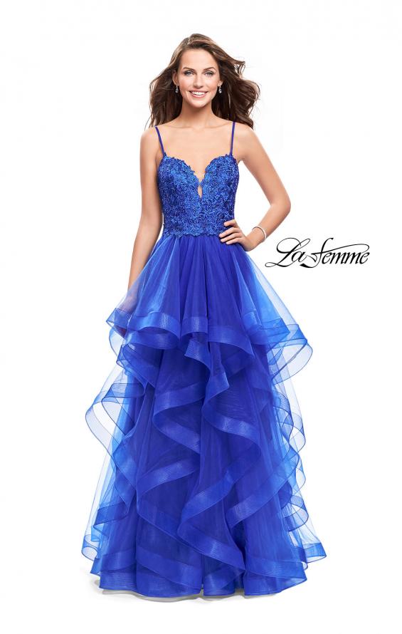 Picture of: Long Ball Gown with Tulle Skirt and Beaded Lace Bodice in Sapphire Blue, Style: 25857, Detail Picture 3
