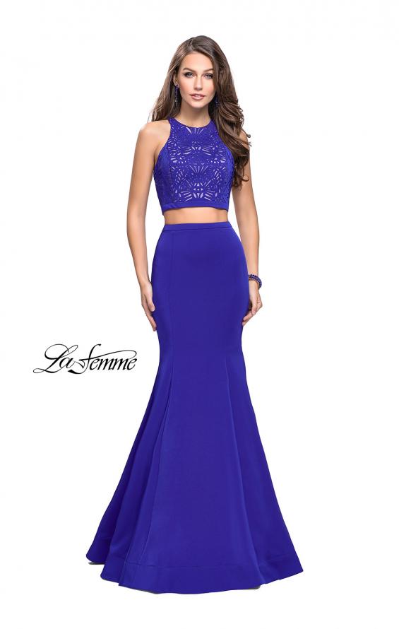 Picture of: Two Piece Jersey Prom Dress with Laser Cut Outs in Sapphire Blue, Style: 25759, Detail Picture 5