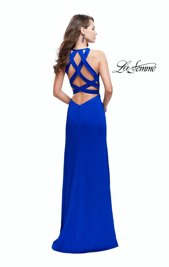 Picture of: High Neck Satin Gown with Leg Slit and Strappy Back in Sapphire Blue, Style: 25962, Detail Picture 5