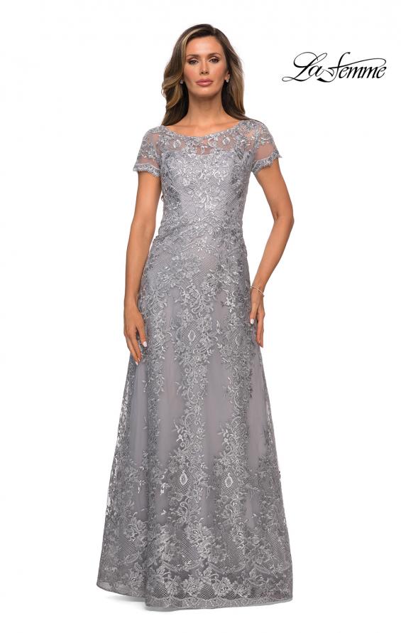 Picture of: Long Lace Dress with Sheer Neckline and Cap Sleeves in Silver, Style: 27935, Main Picture