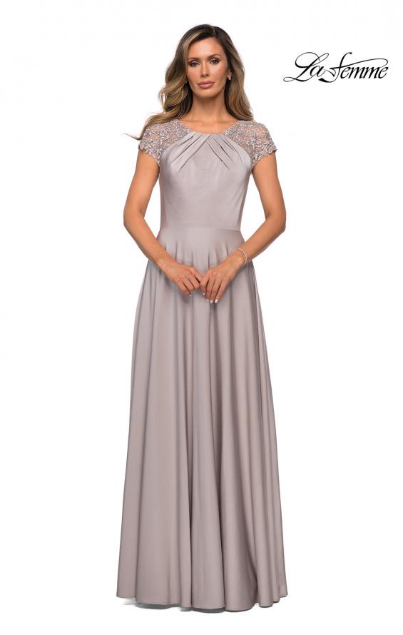 Picture of: Long Satin Dress with Sheer Floral Lace Cap Sleeves in Silver, Style: 28100, Main Picture