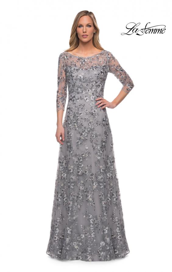 Picture of: Lace Gown with Full Skirt and Sheer Lace Sleeves in Silver, Main Picture