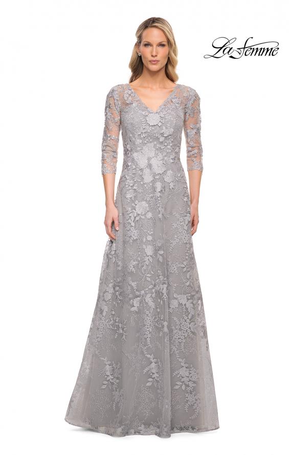 Picture of: Long Lace Evening Dress with V Neckline and Sleeves in Silver, Style: 29989, Main Picture