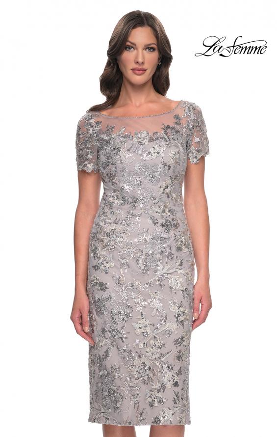 Picture of: Lace and Sequin Short Dress with Illusion Neckline in Silver, Style: 30854, Main Picture