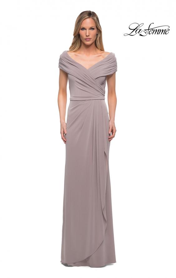 Picture of: Ruched Jersey Long Gown with V-Neckline in Silver, Style: 26519, Detail Picture 9