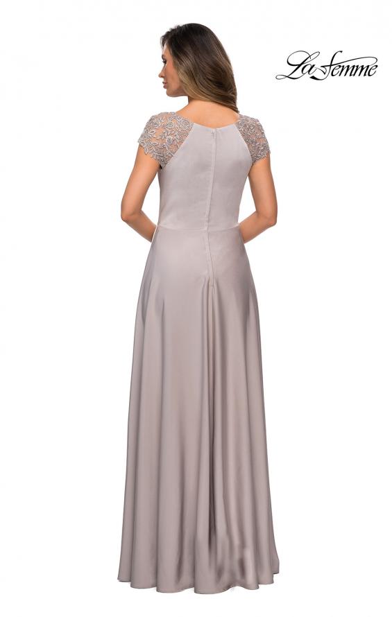 Picture of: Long Satin Dress with Sheer Floral Lace Cap Sleeves in Silver, Style: 28100, Back Picture