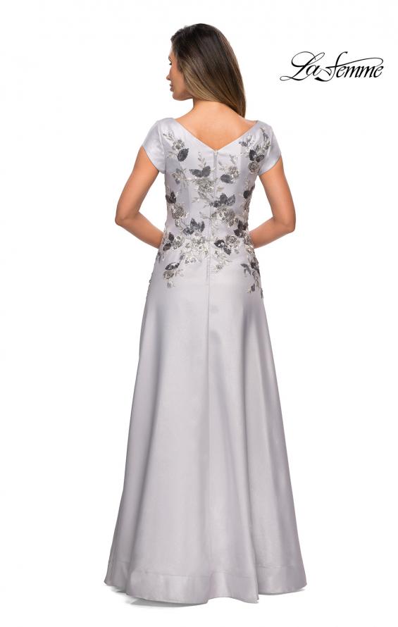 Picture of: Modern A-line Gown with Floral Bodice and Cap Sleeves in Silver, Style: 28105, Back Picture