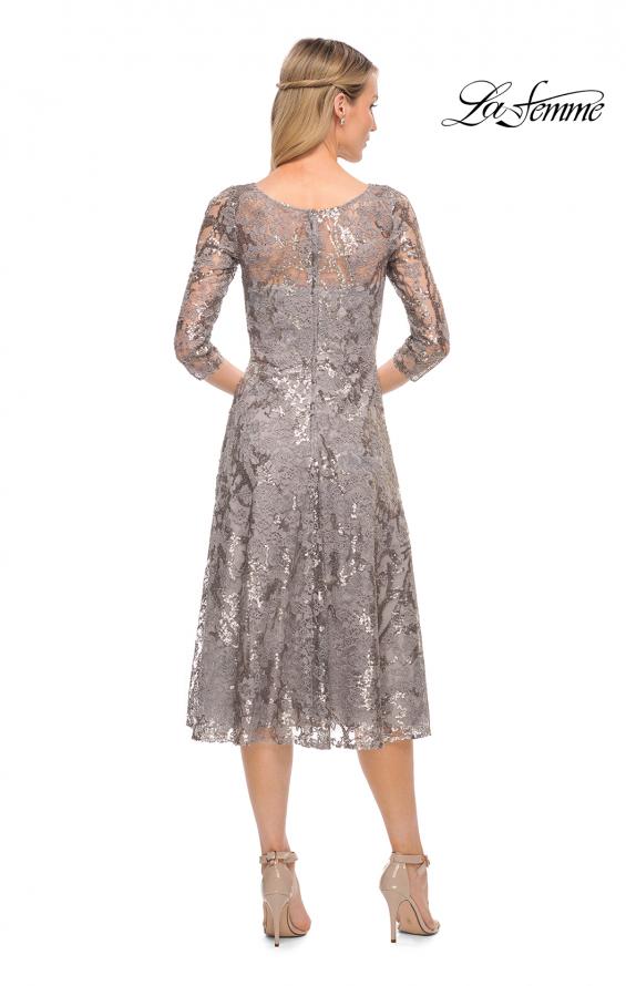 Picture of: Lace Metallic Tea Length Dress with Three-Quarter Sleeves in Silver, Style: 29993, Back Picture