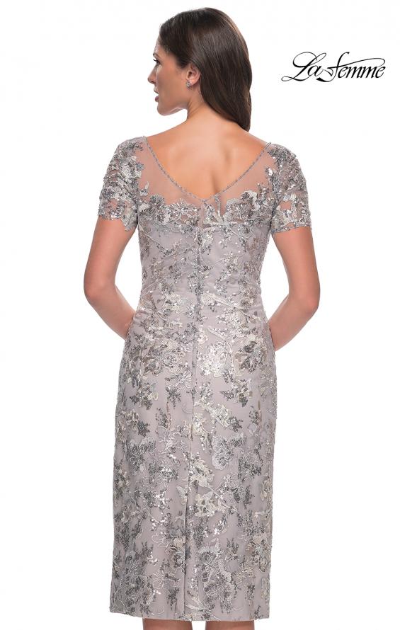 Picture of: Lace and Sequin Short Dress with Illusion Neckline in Silver, Style: 30854, Back Picture