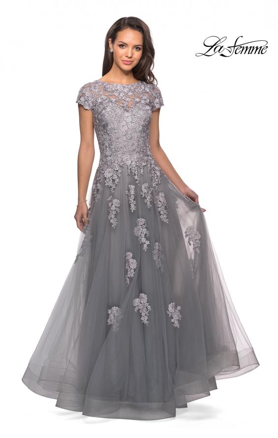 Picture of: Long Tulle Gown with Intricate Lace Detailing in Silver, Style: 26907, Detail Picture 1