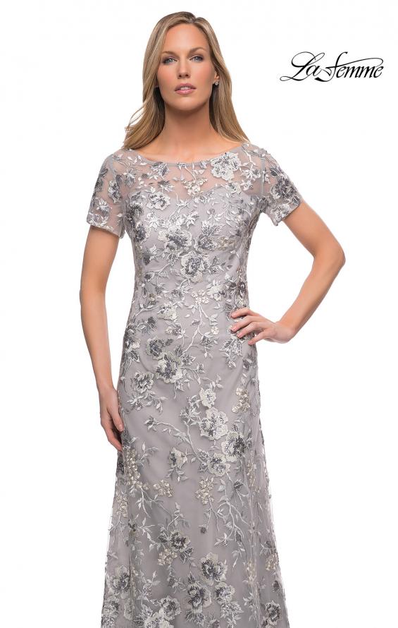 Picture of: Silver Lace and Sequin Long Gown with Short Sleeves in Silver, Detail Picture 1