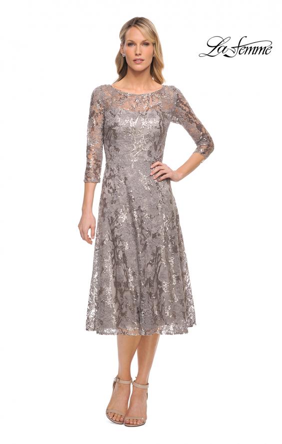 Picture of: Lace Metallic Tea Length Dress with Three-Quarter Sleeves in Silver, Style: 29993, Detail Picture 1