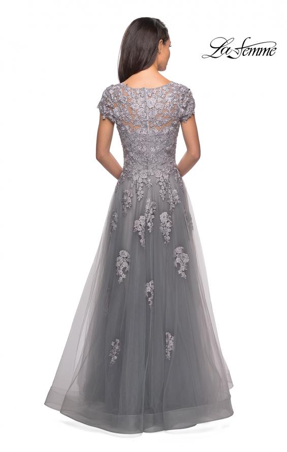 Picture of: Long Tulle Gown with Intricate Lace Detailing in Silver, Style: 26907, Detail Picture 2