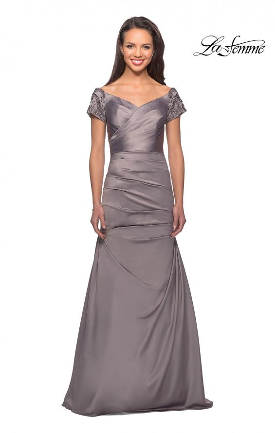 Picture of: Satin Off the Shoulder Dress with Beaded Sleeves in Silver, Style: 25996, Detail Picture 3