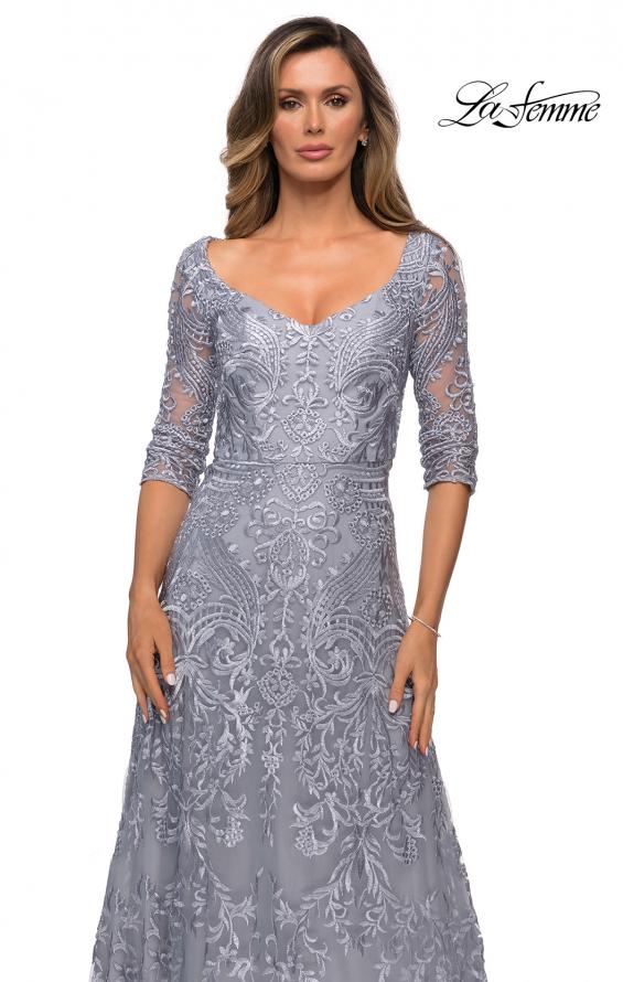 Picture of: Embroidered Lace Gown with V Neckline and Flare Skirt in Silver, Style: 27949, Detail Picture 3