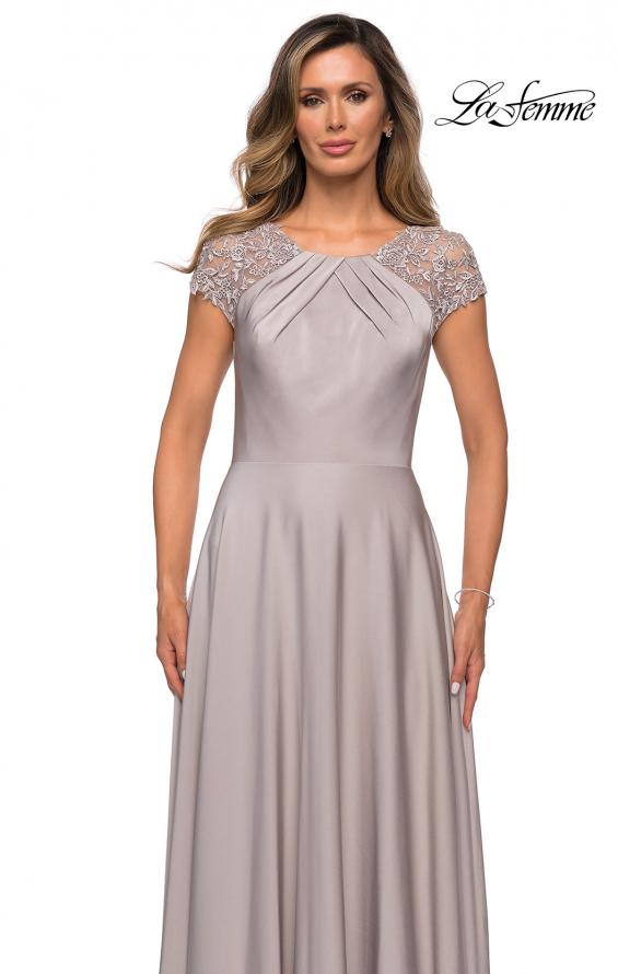 Picture of: Long Satin Dress with Sheer Floral Lace Cap Sleeves in Silver, Style: 28100, Detail Picture 3
