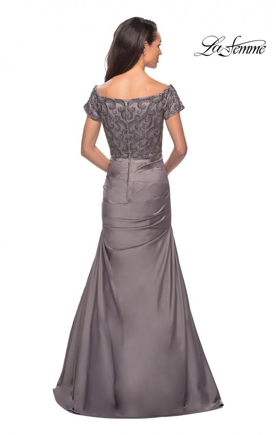 Picture of: Satin Off the Shoulder Dress with Beaded Sleeves in Silver, Style: 25996, Detail Picture 4