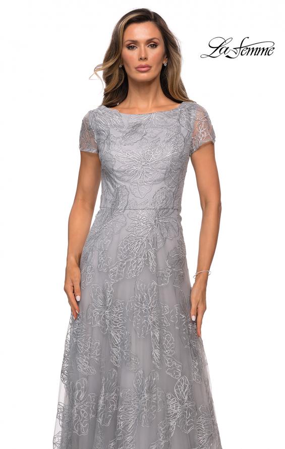 Picture of: Sequin Lace A-line Gown with Sheer Short Sleeves in SIlver, Style: 27837, Detail Picture 4