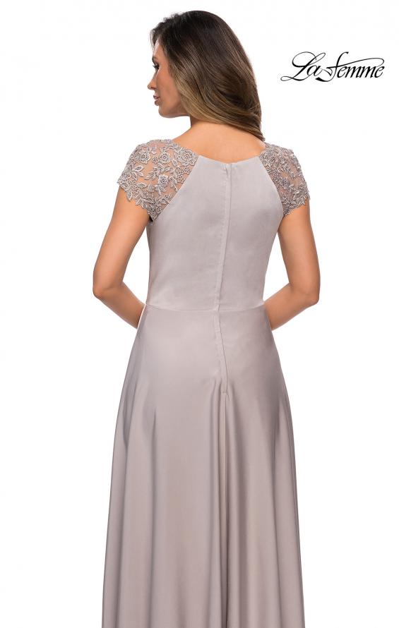 Picture of: Long Satin Dress with Sheer Floral Lace Cap Sleeves in Silver, Style: 28100, Detail Picture 4
