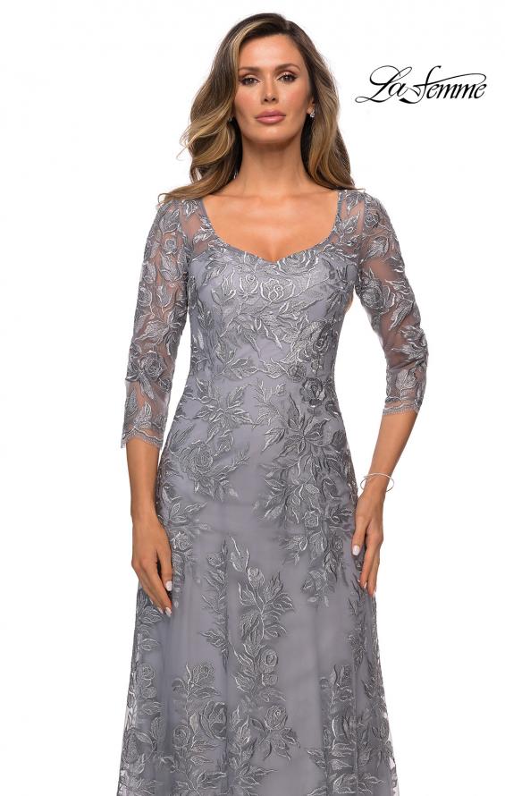 Picture of: Long Lace A-line Three Quarter Sleeve Gown in Silver, Style: 28053, Detail Picture 5