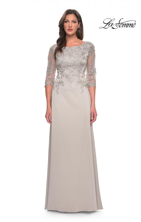 Picture of: Jersey Gown with Boat Neckline and Lace Detailing in Silver, Style: 29251, Detail Picture 5