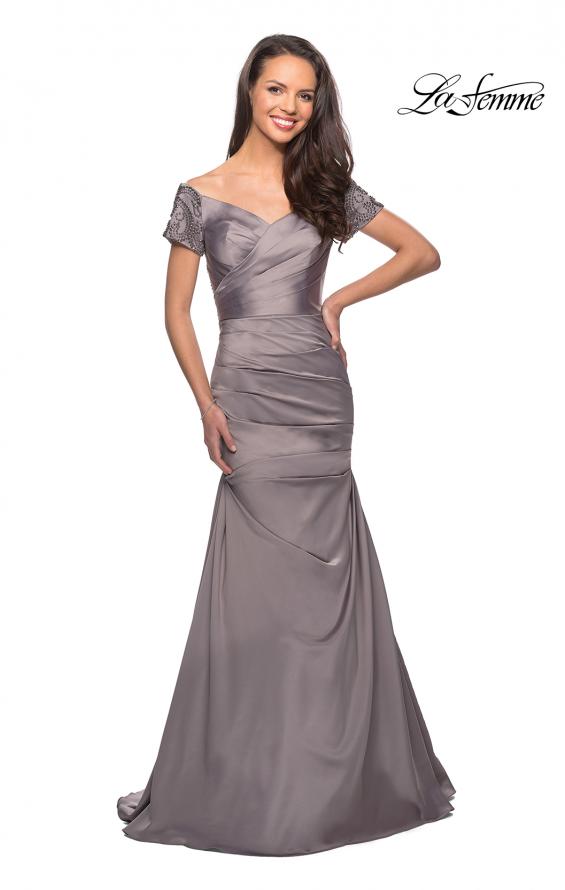 Picture of: Satin Off the Shoulder Dress with Beaded Sleeves in Silver, Style: 25996, Detail Picture 6
