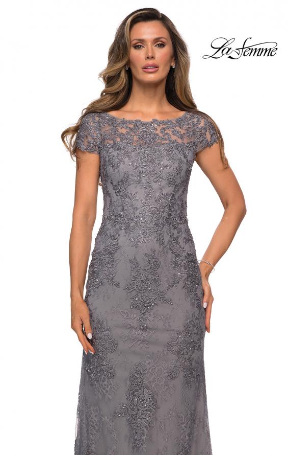 Picture of: Long Lace Evening Dress with Sheer Cap Sleeves in SIlver, Style: 27856, Detail Picture 6