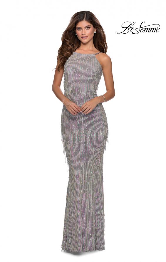 Picture of: Iridescent Fringe Prom Dress with Open Back in Silver, Style: 28517, Detail Picture 1