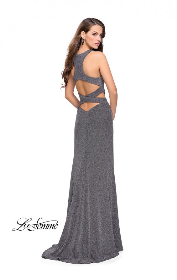Picture of: Long Jersey Prom Dress with Cut Outs and Low Scoop Back in Silver, Style: 25422, Back Picture
