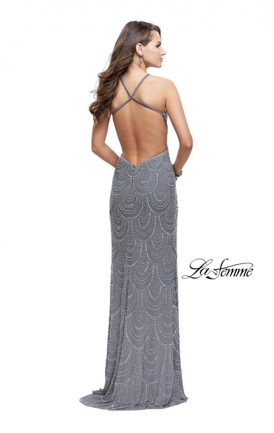 Picture of: Long Scalloped Beaded Prom Dress with High Neck in Silver, Style: 26030, Back Picture