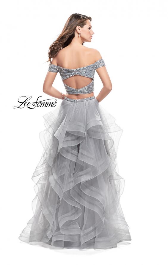 Picture of: Off the Shoulder A-line Gown with Ruffle Tulle Skirt in Silver, Style: 26169, Back Picture