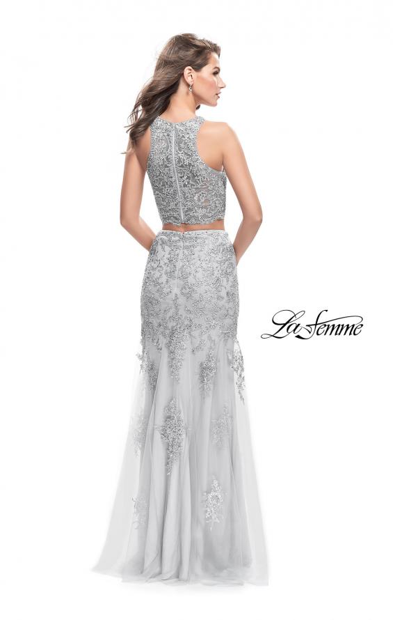 Picture of: Beaded Lace Two Piece Prom Dress with High Neckline in Silver, Style: 26294, Back Picture