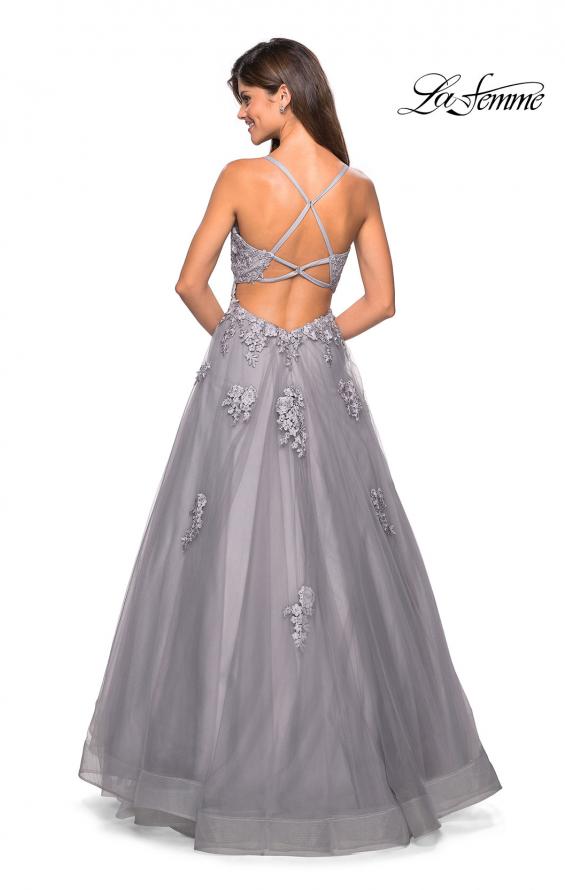 Picture of: Floor Length Tulle Ball Gown with Lace Accents in SIlver, Style: 27441, Back Picture