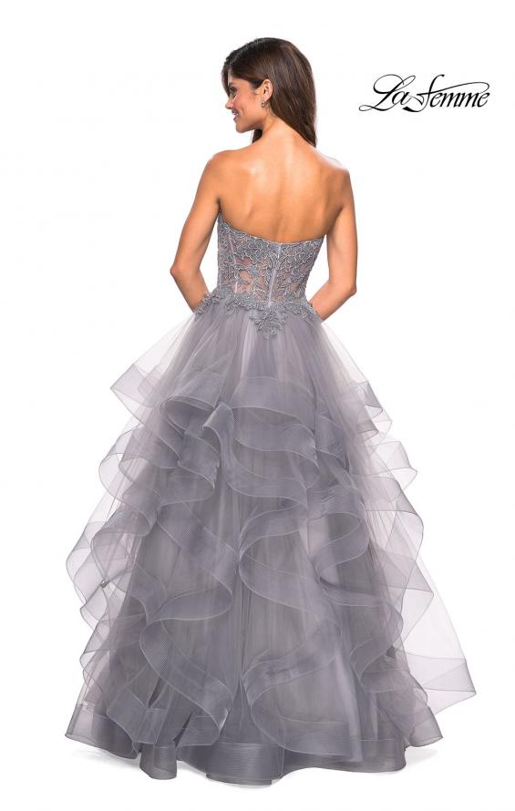 Picture of: Strapless Tulle Prom Gown with Lace Embellishments in Silver, Style: 27620, Back Picture