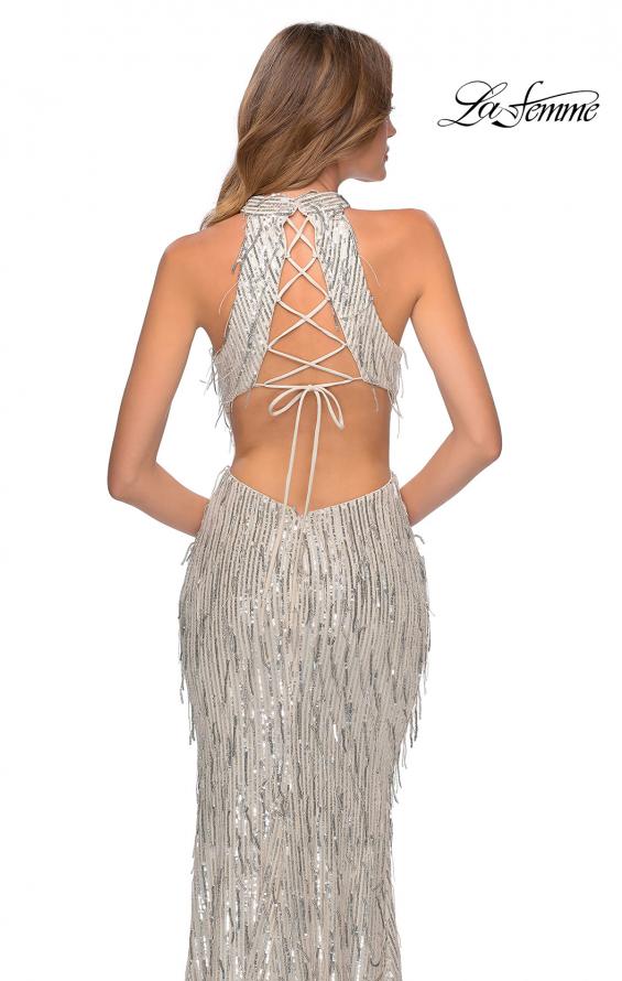 Picture of: High Neck Sequin Fringe Dress with Tie Up Back in Silver, Style: 28819, Back Picture