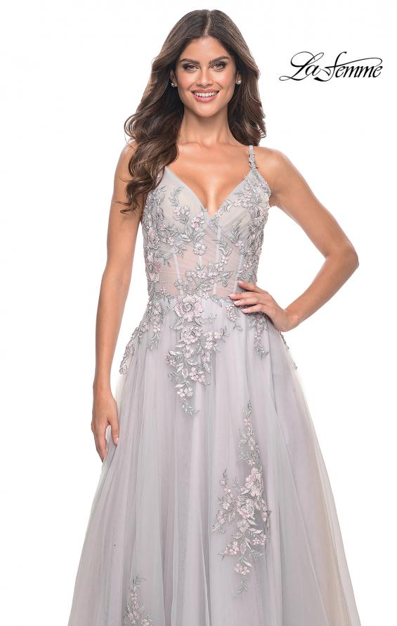 Picture of: A-Line Tulle Prom Dress with Scattered Lace Applique in Silver, Style: 31939, Detail Picture 18