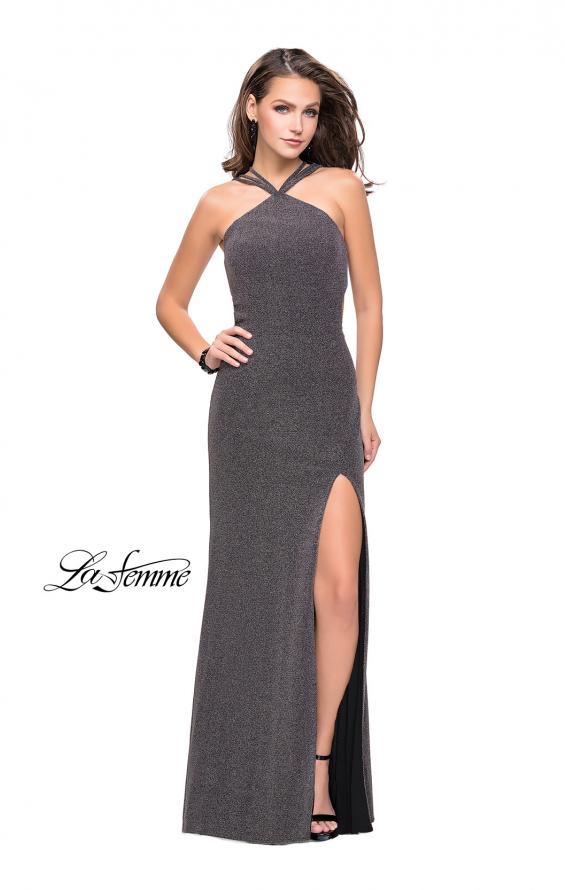 Picture of: Long Sparkly Dress with High Neckline and Side Slit in Silver, Style: 25346, Detail Picture 1