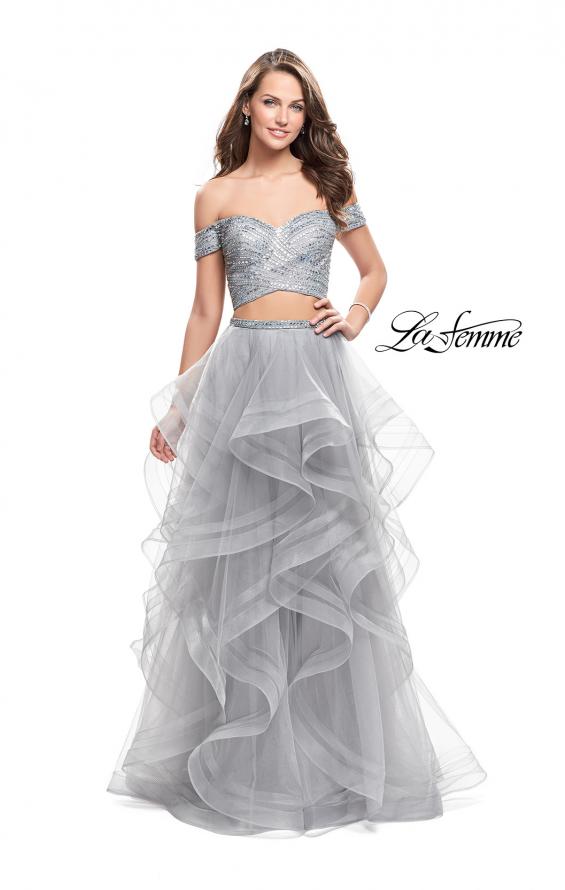 Picture of: Off the Shoulder A-line Gown with Ruffle Tulle Skirt in Silver, Style: 26169, Detail Picture 1