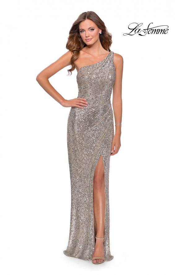 Picture of: Long Sequin One Shoulder Ruched Prom Dress in Silver, Style: 28401, Detail Picture 1