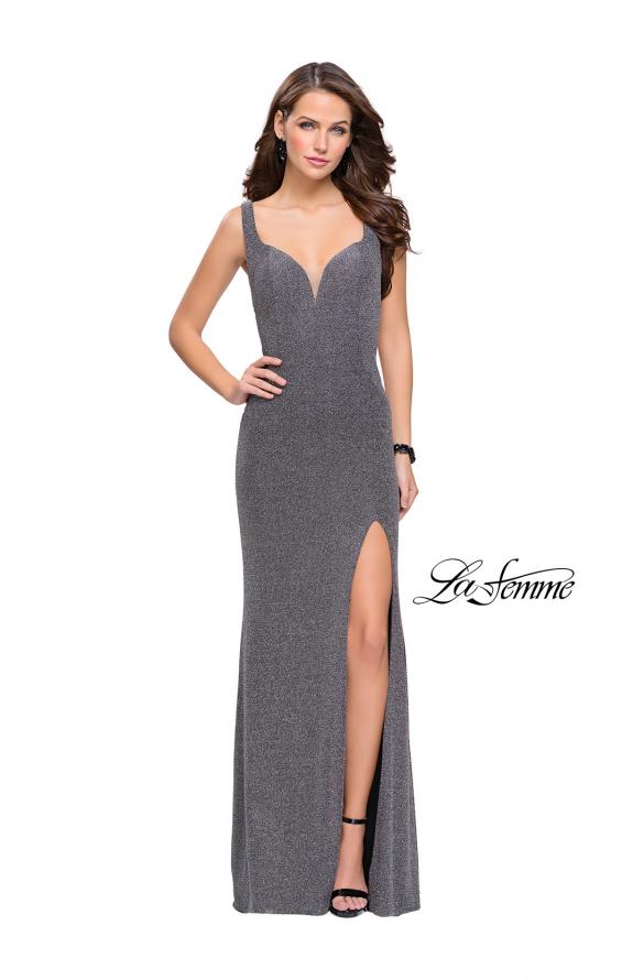 Picture of: Sparkly Jersey Prom Dress with Cut Outs and Side Leg Slit in Silver, Style: 25215, Detail Picture 2