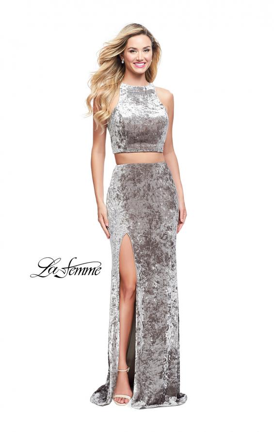 Picture of: Crush Velvet Two Piece Prom Dress with Slit in Silver, Style: 25431, Detail Picture 2
