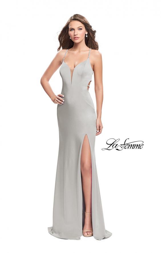 Picture of: Long Jersey Prom Dress with Plunging Neckline and Beading in Silver, Style: 25398, Detail Picture 3