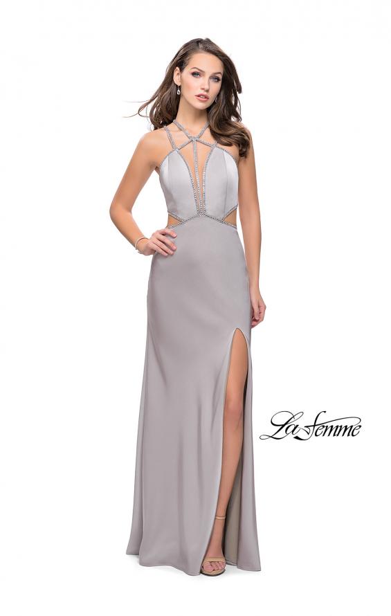 Picture of: Form Fitting Gown with Metallic Embellishments and Slit in Silver, Style: 25508, Detail Picture 3