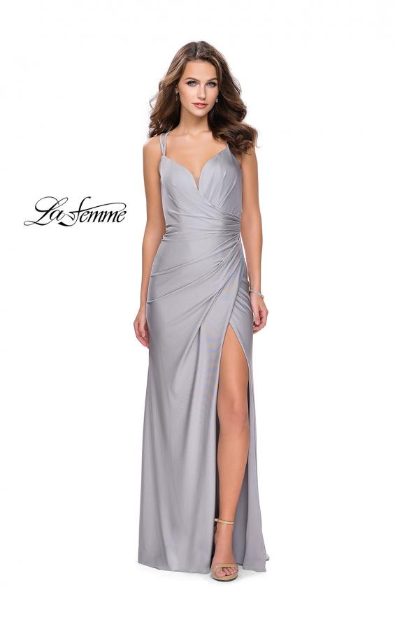 Picture of: Long Jersey Prom Dress with Ruching Side Wrap Detail in Silver, Style: 26317, Detail Picture 3
