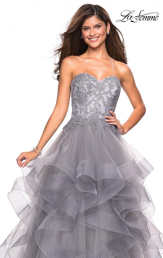 Picture of: Strapless Tulle Prom Gown with Lace Embellishments in Silver, Style: 27620, Detail Picture 3
