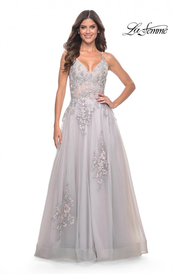 Picture of: A-Line Tulle Prom Dress with Scattered Lace Applique in Silver, Style: 31939, Detail Picture 3