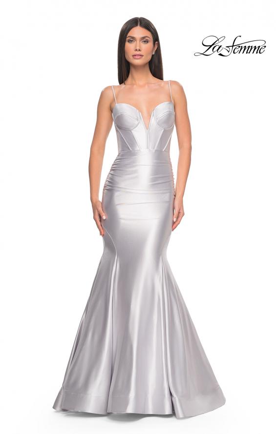 Picture of: Satin Mermaid Prom Gown with Corset Top in Silver, Style: 32269, Detail Picture 3