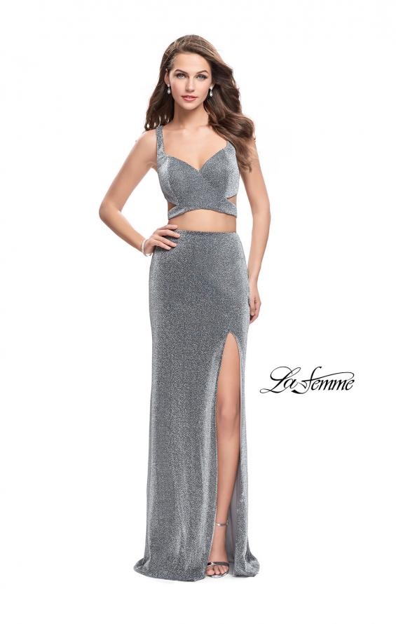 Picture of: Long Jersey Two Piece Prom Dress with Side Cut Outs in Silver, Style: 25597, Detail Picture 2