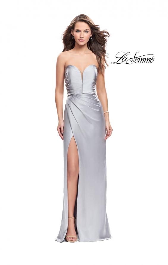 Picture of: Long Strapless Satin Prom Dress with Side Ruching in Silver, Style: 26017, Detail Picture 2