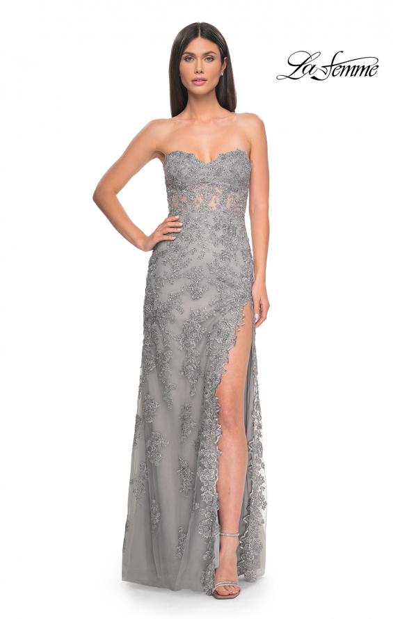 Picture of: Embroidered Lace Fitted Prom Dress with Lace Edge Slit in Silver, Style: 32013, Detail Picture 4